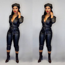 Plus Size PU Leather Long Sleeve Slim Jumpsuit OD-8316