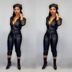 Plus Size PU Leather Long Sleeve Slim Jumpsuit OD-8316