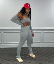 Sexy Solid Tube Tops+Long Cardigan+Ruched Pant 3 Piece Set YD-1095