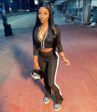 Letter Print Zipper Short Coat And Pant Two Piece Set NM-8540