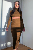 Solid High Collar Crop Tops And Long Skirt Two Piece Set ME-8256