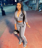 Letter Print Zipper Short Coat And Pant Two Piece Set NM-8540