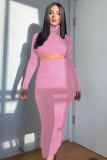 Solid High Collar Crop Tops And Long Skirt Two Piece Set ME-8256