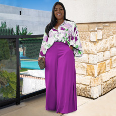Plus Size Print Shirt And Wide Leg Pant Two Piece Set NNWF-7761