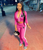 Letter Print Zipper Short Coat And Pant Two Piece Set NM-8540