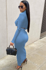 Solid High Collar Crop Tops And Long Skirt Two Piece Set ME-8256