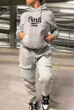 Plus Size PINK Letter Print Hooded Sweatshirt And Pant Sport Suit WAF-775152