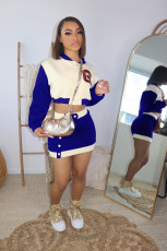 Plus Size Color Blocking Baseball Coat And Skirt Two Piece Set WAF-517242