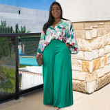 Plus Size Print Shirt And Wide Leg Pant Two Piece Set NNWF-7761