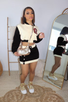 Plus Size Color Blocking Baseball Coat And Skirt Two Piece Set WAF-517242