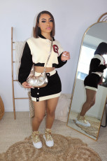 Plus Size Color Blocking Baseball Coat And Skirt Two Piece Set WAF-517242