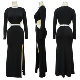 Fashion Solid Hollow Out Split Maxi DressYF-10345