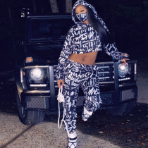 Letter PrInt Hooded Short Coat And Pant Two Piece Set ZDF-31166X