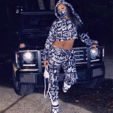 Letter PrInt Hooded Short Coat And Pant Two Piece Set ZDF-31166X