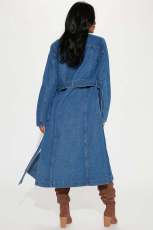 Fashion Loose Single Breasted Denim Long Coat(With Waist Belt) LA-3326