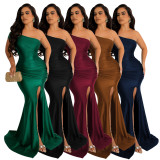 Slash Shoulder Sleeveless Split Evening Dress AIL-232