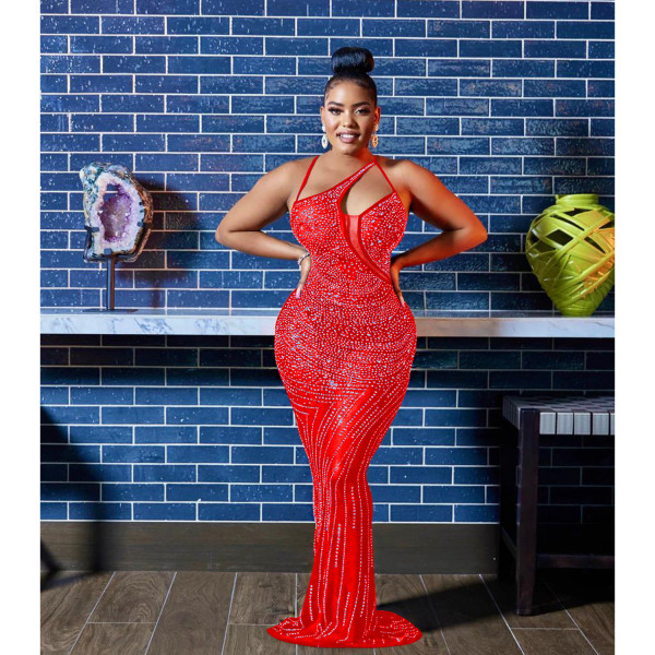 Sexy Mesh Hot Drilling Sleeveless Maxi Dress BY-6075