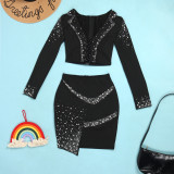 Solid Hot Drilling Deep V Neck Two Piece Skirt Set NY-2608