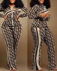 Plus Size Print Color Contrast Slim Two Piece Pant Set NY-2613