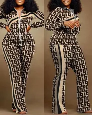 Plus Size Print Color Contrast Slim Two Piece Pant Set NY-2613