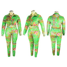 Plus Size Print Long Sleeve Cardigan Two Piece Pant XHSY-19504