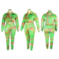 Plus Size Print Long Sleeve Cardigan Two Piece Pant XHSY-19504