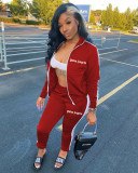 Letter Print Zipper Sport Two Piece Pant Set XYF-9188
