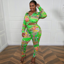Plus Size Print Long Sleeve Cardigan Two Piece Pant XHSY-19504