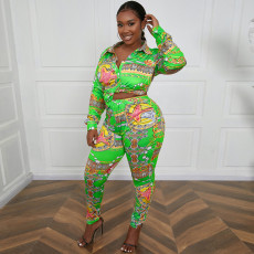 Plus Size Print Long Sleeve Cardigan Two Piece Pant XHSY-19504