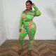 Plus Size Print Long Sleeve Cardigan Two Piece Pant XHSY-19504