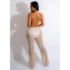Sexy Sequin Mesh Backless Tassel Jumpsuit BY-6086