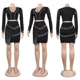 Solid Hot Drilling Deep V Neck Two Piece Skirt Set NY-2608