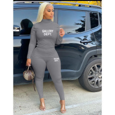 Plus Size Letter Print High Collar Casual Two Piece Set XMF-198