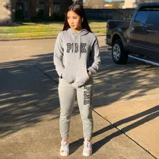 Plus Size PINK Letter Hooded Sweatshirt Two Piece Set XMF-200
