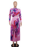 Casual Print Long Sleeve Big Swing Long Dress XHXF-8657