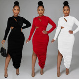Solid Hollow Out Ruched Irregular Dress BY-6110