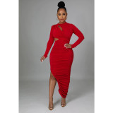Solid Hollow Out Ruched Irregular Dress BY-6110