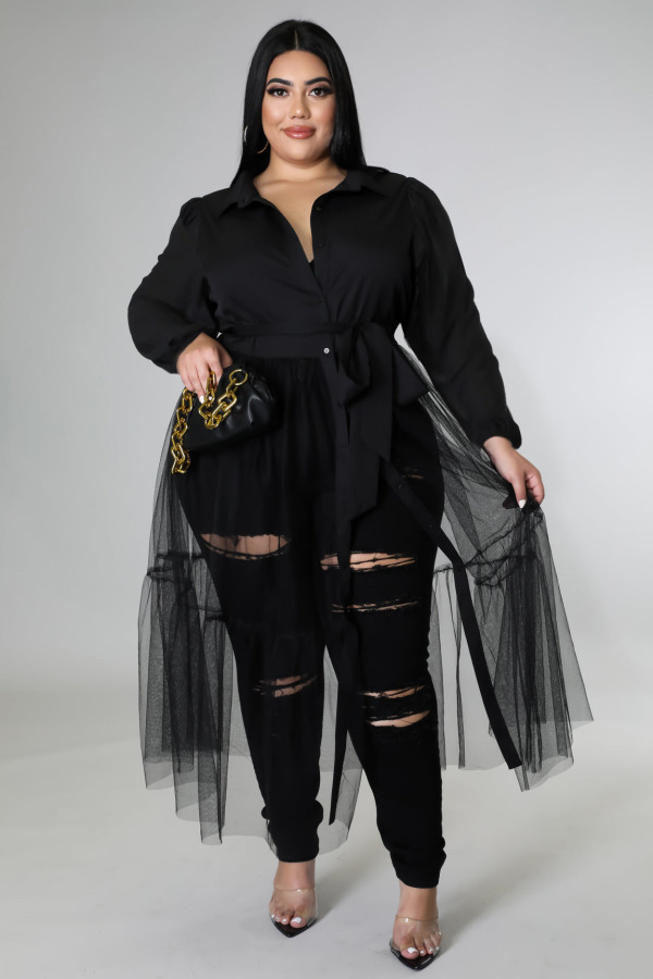 Plus Size Chiffon Mesh Splicing Long Shirt Dress OSM-5298B