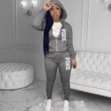 Pink Letter Print Hooded Sweatshirt Pant Two Piece Set YIM-294