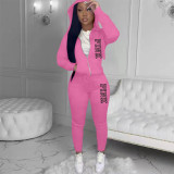 Pink Letter Print Hooded Sweatshirt Pant Two Piece Set YIM-294