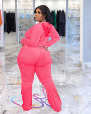 Plus Size Solid Color Velvet Hooded Pants Two Piece Set YD-8675