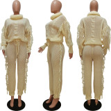Solid Color Knits Long Sleeve Tassel Two Piece Set CM-8646
