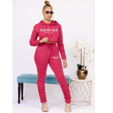Solid Color Hooded Sweatshirt And Ruched Pant Print Sport Suit HM-6630