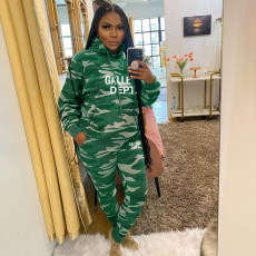 Fashion Sports Hooded Camo Print Two Piece Set XMF-201