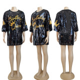 Solid Sequin 3/4 Sleeve Casual Dress GYSF-0021