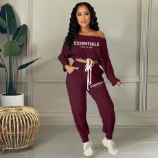 Plus Size Letter Print Long Sleeve Pant Casual Two Piece Set HM-6631