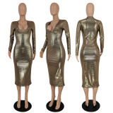 Fashion Gold Blocking Deep V Neck Midi Dress FENF-257