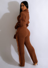 Solid Fashion Knit High Collar Tassel Two Piece Pants Set CQ-A007