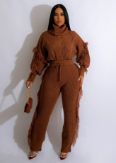Solid Fashion Knit High Collar Tassel Two Piece Pants Set CQ-A007