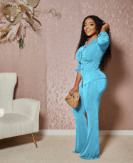 Solid Long Sleeve Shirt And Micro Flare Pant 2 Piece Set YD-8672